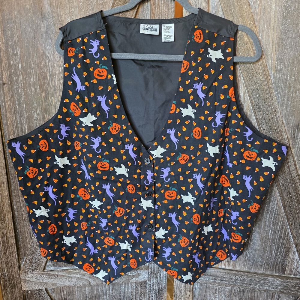 Basic Editions Vest Women's Size 22W Black Halloween Theme Ghost Pumpkin Vintage